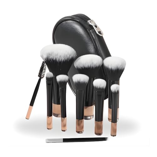 Kit 10 Pincéis de Maquiagem com Estojo Cerdas Sintéticas Macias, Portátil e Completo para Base, Pó, Blush, Corretivo e Sombras – Travel Size Ideal para Presente, PREMIUM (Preto)