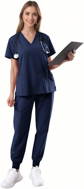 Scrubs for Women Set - 9 Pockets V-Neck Nursing Top & Drawstring Jogger Pants, Stretch Comfortable Medical Uniform