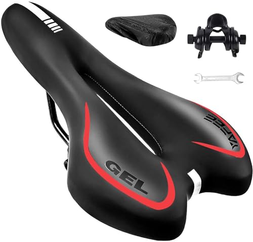 ZONSUSE Sillín de Bici de Gel,Sillin Bicicleta Montaña,Cómodo Asiento Ergonómico de Bici de Gel Antiprostatico Impermeable y Transpirable,para MTB,Bicicleta de Carretera,con Funda Impermeable (Rojo)