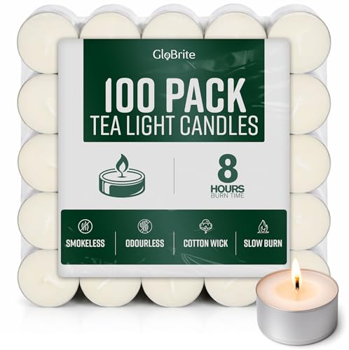 GloBrite Unscented Tea Lights 8-Hour Long Burning Candles with Aluminum Cups for Home Events & Decor (Pack of 100)