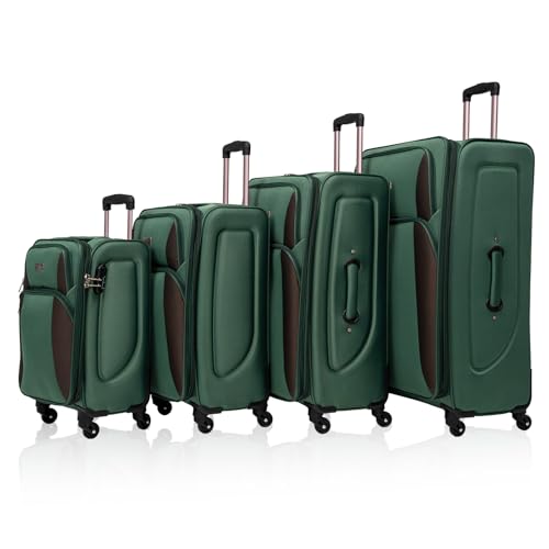 GDFStudio 4 Piece Softside Luggage Set with Spinner Wheels, Expandable Lightweight Suitcase Travel Set, Durable Softshell Trolley Bags with Carry-On and Checked Sizes – Dark Green