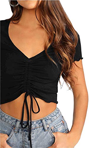 Verdusa-Womens-Ruched-Drawstring-Front-V-Neck-Crop-Tee-Top
