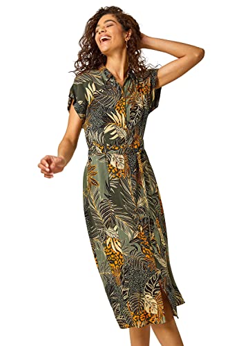 Image of Roman Shirt Dress for Women UK Ladies Short Sleeve Sleeveless Belted Collared Midi Maxi Summer Spring Smart Casual Button Evening Office A Line Swing Skater - Green Mustard - Size 18