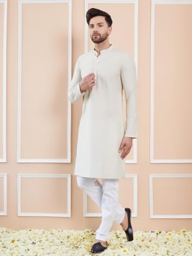 Image of See Designs Men Full Sleeve Sleeve Side Slit Mandarin Collar Cotton Solid Straight Kurta with Pyjama