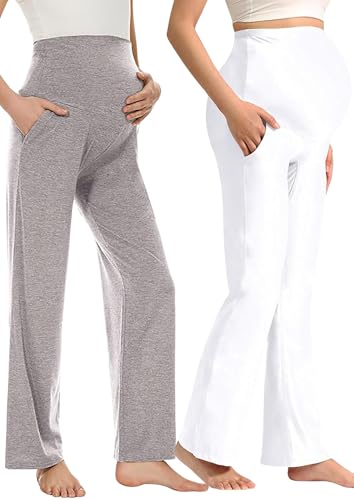 Image of Women's Maternity Leggings with Pockets - Comfortable, High Waist Support and Stretchable Pants for Pregnancy - Pack of 2