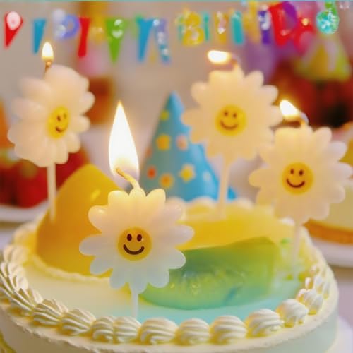 Birthday Candles,White Daisy Cake Candles - Set of 5,Happy Flower with Smiling Face Cupcake Toppers for Birthday,Wedding,Party Desserts