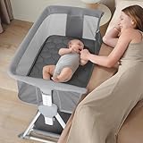 Cowiewie Bassinet Bedside Sleeper,Baby Bassinet with Air-Fiber Washable Mattress & 7-Adjustable Height,Foldable Bedside Bassinets for Baby with 360°Breathable Mesh,Bassinet with Wheels & XL-Storage