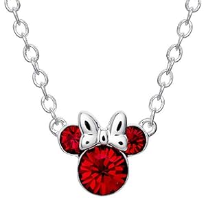 Disney Minnie Mouse Birthstone Jewelry, July Birth Month Pendant Necklace, Silver Plated, Ruby Red Crystal