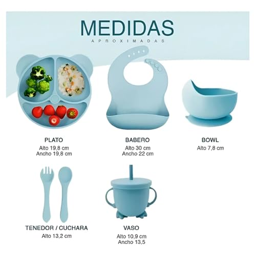 أدوات تغذية الأطفال من السيليكون، مستلزمات الفطام، تتضمن أكواب شفط وأطباق مقسمة، مريلة قابلة للتعديل، أدوات طعام للأطفال، ملاعق وشوك، كوب من فانتاستيك كيدز تويز، 6 قطع (باندا لارج (L) - أزرق)