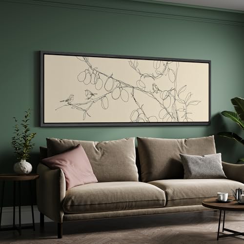 Image of MUDECOR Large Framed Canvas Print Wall Art Simple Line Art Birds on Branch Botanical Minimalist Antique Retro Ready to Hang Painting for Living Room Bedroom Multi-Sizes - 60 inchx20 inch