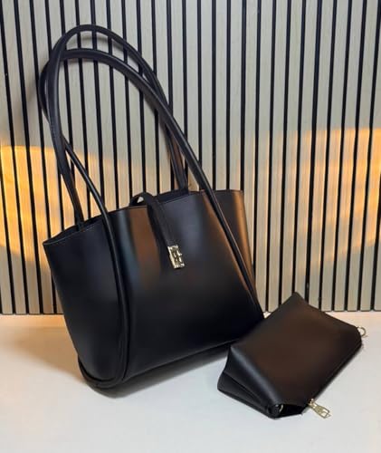 حقيبة كتف نسائية جلدية فاخرة ، شنطة جلد كبيرة بمقبض علوي ومحفظة صغيرة قابلة للفصل - تصميم كلاسيكي و انيق و جذاب (اسود)