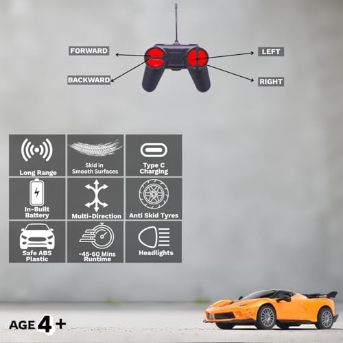 Image of High-Speed RC Car for Kids | Rechargeable Lithium Battery | Type-C Charging | LED Headlights | Orange Remote Control Car