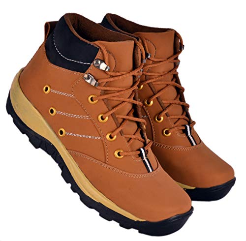 Image of Hiking Boots, Black and Tan, Lace-Up High Ankle, Metal Eyelets, Rugged Outdoor Footwear