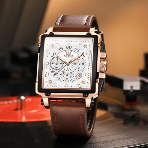 Image of OLEVS Watches for Men Quartz Chronograph Leather Fashion Dress Watch Date Waterproof Luminous Casual Square Business Wrist Watches