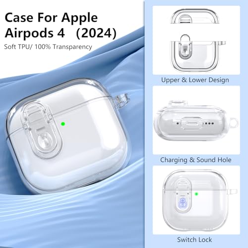 Image of (with Safety Lock) Clear Case Compatible with Cute Apple Airpods 4 Cases 2024 Women, VISOOM Soft TPU Transparency Air pods 4 Gen Case iPods 4 Earbuds Case Girl Bling Keychain for Airpod iPod 4th Gen