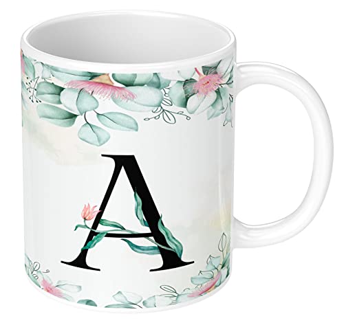 Image of Colorful Floral Alphabet Letter A Printed Coffee Mug For Girls Boys Friends Love Kids Best Gift For Birthday Anniversary Initial Letter A (Microwave Safe Ceramic Tea Coffee Mug-350ml) - ABVWM2 133