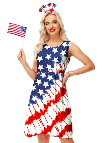 Image of Deerose 4th of July Dress for Women Sleeveless American Flag Patriotic Elastic High Waist Sundress