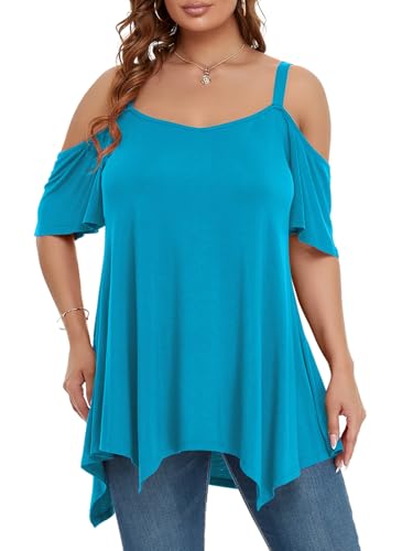 Image of LARACE Cold Shoulder Tops for Womens Summer Clothes Spaghetti Strape Tunic Oversized Shirts Asymmetrical Plus Size Blouse