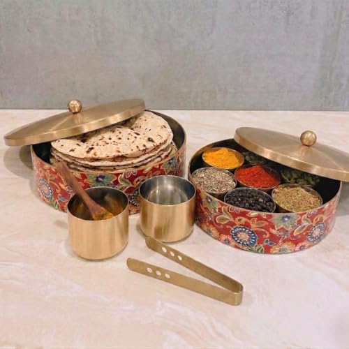 Image of Wooden Masala & Chapati Box Combo - Wooden Masala Box (7 Stainless Steel Jars + Spoon) & Wooden Chapati /Roti Box (Stainless Steel Brass Lid + Tong) - Red & Golden (Printed)