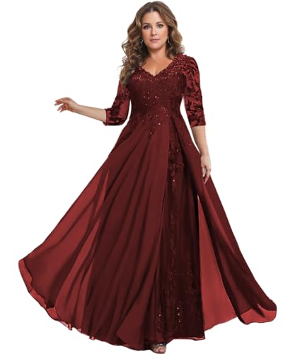 Image of HANVAIOS Sparkly Mother of The Bride Dresses for Women Long Chiffon 3 /4 Sleeve Lace Appliques Formal Gown