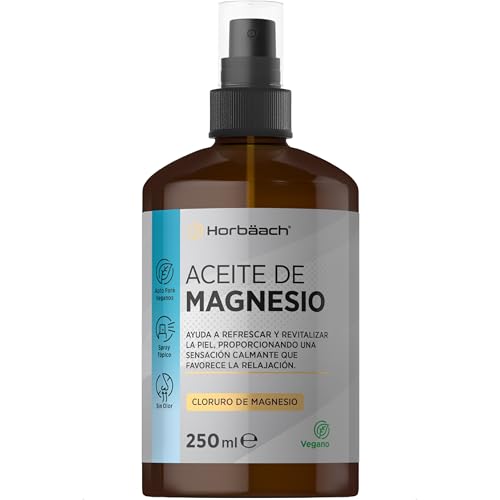 Aceite de Magnesio Spray | Tamaño XL 250ml | para Piernas Inquietas, Dolor Muscular y Sueño | Cloruro de Magnesio 100% Puro | Spray Vegano de Alta Absorción | de Horbaach