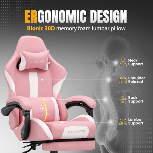 Image of GTPLAYER Gaming Chair with Pocket Spring Cushion, Leather Office Chair with Ergonomic High Back & Lumbar Support for Back Pain Relief, Computer Game Chair for Adults, Pink