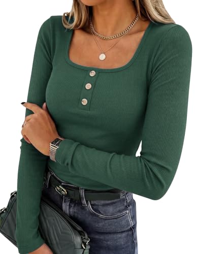 Image of Leversic Women Tops Square Neck Long Sleeve Stretch Basic Plain Tee Green