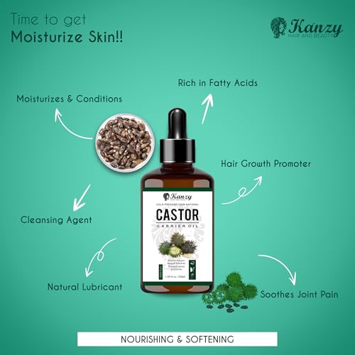 Kanzy Castor Oil for Eyelashes and Eyebrows 50ml Cold Pressed for Hair Growth 100% Natural and Pure with Brushes for Hair, Beard, Nails, and Skin