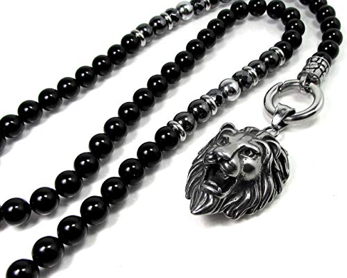 HANDMADE GEMSTONE NECKLACE, Mens Onyx Necklace,Mens Necklace,Lions Head Necklace,Mens Gemstone Necklace,316L Stainless Steel,Mens Beaded Necklace,Gift for Men +Gift Box