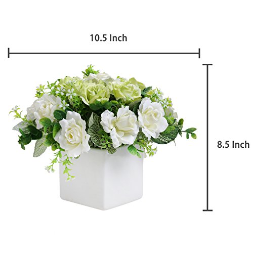Mygift Artificial White Rose, Fake Flower Bouquet Arrangement In Square White Ceramic Vase Planter Pot #TOP4