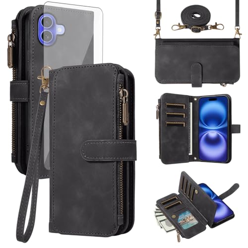 Coque de téléphone pour iPhone 16 portefeuille fermeture éclair et verre