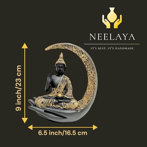 Image of Antique Big Meditating Moon Buddha Statue Showpiece for Home Decor - Living Room - House Warming - Office - Gifting - Buddha Idol Polyresin Decorative Figurine (9 Inch / 23 cm, Black, Gold)