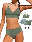 Girls Swimsuit, 3 Piece Bathing Suits V-Neck Ruffle Floral Bikini Set with Skirt Sunglasses Cute Teen Kids Swimwear 8-15T (US, Age, 8 Years, 9 Years, Green Floral)
