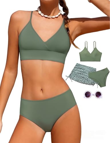 Mädchen-Badeanzug, 3-teiliger Badeanzug, V-Ausschnitt, Rüschen, Blumen-Bikini-Set mit Rock, Sonnenbrille, niedlich, Teenager, Kinder-Bademode, 8–15 Jahre, Grünes Blumenmuster, 10-11 Jahre