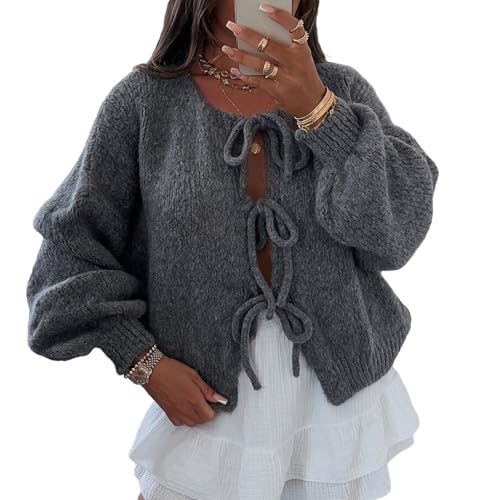 Image of Women Knitted Tie Front Cardigan Tops Casual Knitwear Top Long Sleeve Open Front Baggy Sweater Y2k Girls Outwear