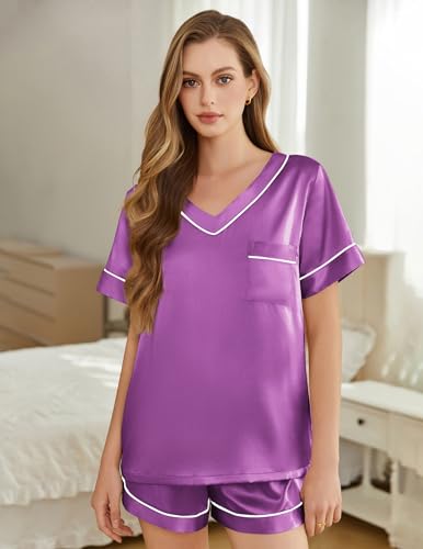 Image of Silk Pajamas for Women Short Sleeve Satin 2 Piece Pj Set Soft V Neck Sleepwear Loungewear, S-XXL