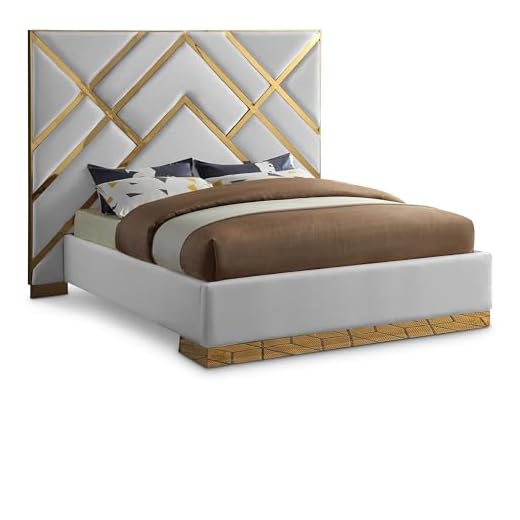 Meridian Furniture VectorWhite-K Vector Collection Modern | Contemporary Faux Leather Upholstered Bed, Custom Gold Metal Base and Polished Gold Metal Design, 97.5" W x 85.5" D x 68" H, White, King