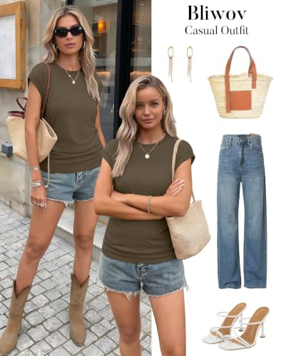 Image of Bliwov Womens Summer Tops Cap Sleeve Crew Neck Casual T Shirts