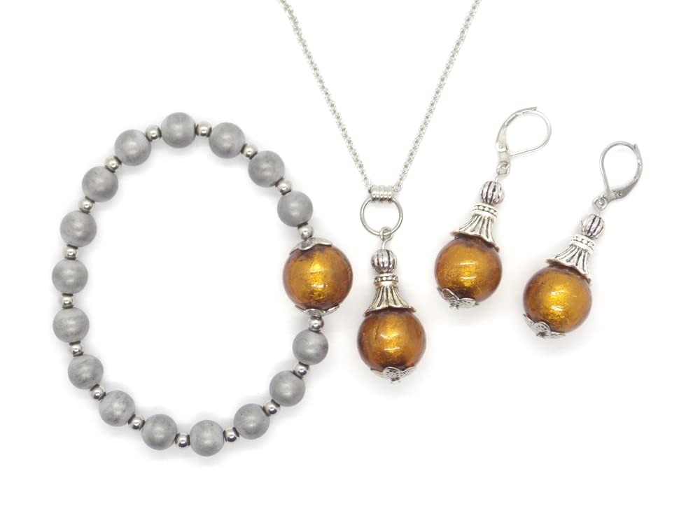 Conjunto de bisutería pendientes, collar y pulsera en acero inoxidable, hematites y cuentas de cristal de Murano color oro