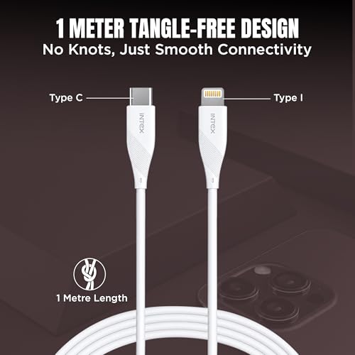 Image of Intex Speed Pro 27W Type-C to Lightning Fast Charging Cable with 480 Mbps Data Transfer, Tangle-Free Cable For iPhone 14,13, 12,11, 8, 7, 6, 5, Ipad, Macbook, Imac, Airpods and Other Devices - White