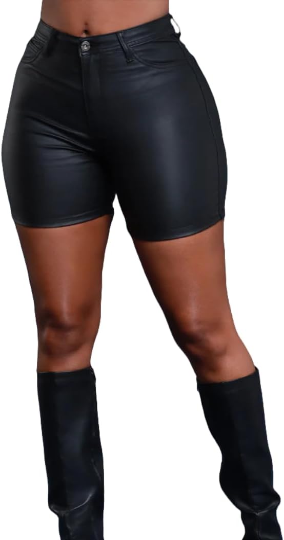 Zebaexf Women Sexy Leather Legging Shorts High Waist Faux Leg Stretchy Shorts PU Leather Pants