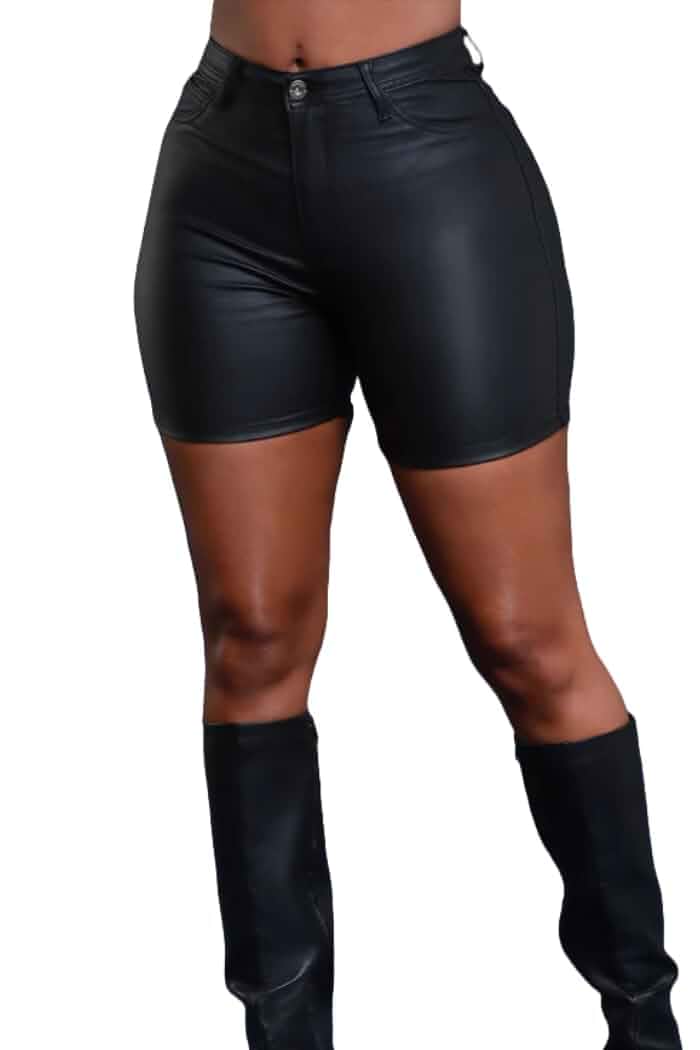 Zebaexf Women Sexy Leather Legging Shorts High Waist Faux Leg Stretchy Shorts PU Leather Pants