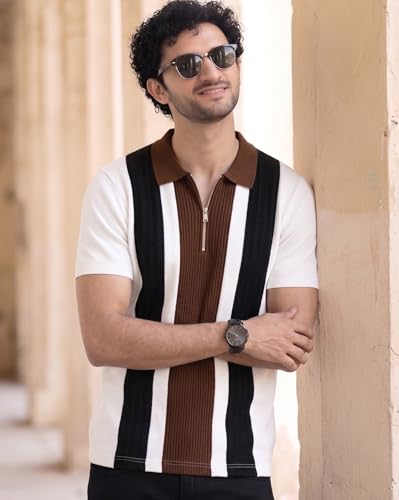 Image of AUSK Men's Zip Collar Polo Tshirt | Cotton Rich Material | Half Sleeves | Modern Knit Panel Work | Regular Fit