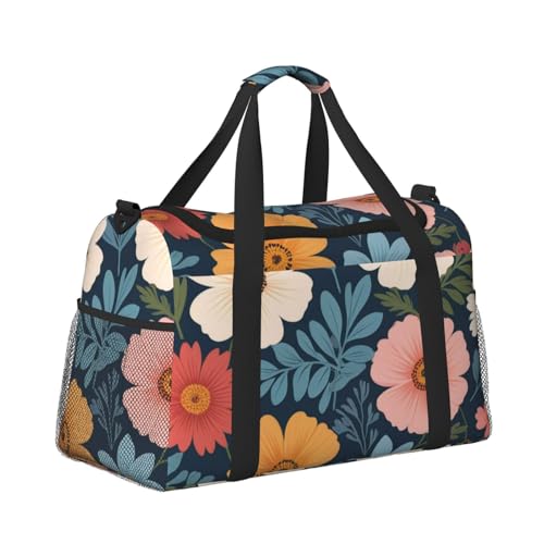 Floral Flowers Print Travel Duffle Bag - Foldable Personal Item Travel Bag for Women & Men,Carry-On Convertible Crossbody Tote Bags with Adjustable Shoulder Strap & Pockets 13x10.2x19.7 in3