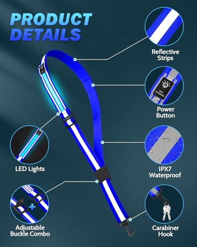 Fitense LED Reflective Belt Sash - 5 Lights Colors & 3 Light Modes High Visibility Night Safety Belt, Rechargeable Light Up Running Gear Adjustable Vest Straps for Runners Walkers Men Women