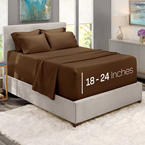 Hearth & Harbor Extra Deep Pocket Queen Sheets Sets - Fits Mattress 18-24 Inches Deep - Extra Deep Pocket Sheets - 6 Piece Queen Size - Queen - Brown Sheets