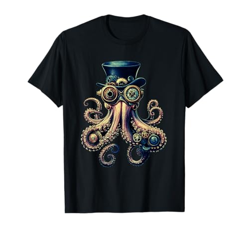 Pieuvre Steampunk - Design engrenages, lunettes et tentacules T-Shirt