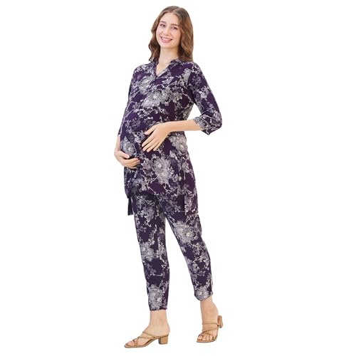 Image of AV2 Women's Maternity Night Suit Set|Nursing|Feeding Printed Tunic & Bottom Coord Set 2426