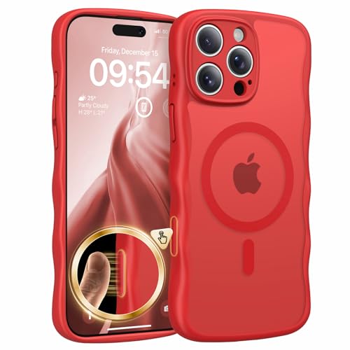 Coque ondulée iPhone 16 Pro Max rouge avec cadre bouclé et dos magnétique transparent