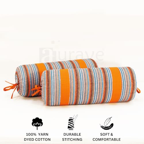 Image of AURAVE Woven Cotton 144 TC Printed Bolster Cover with Drawstring Closure, Set of 2, Soft Breathable Durable Machine Washable for Sofa Bed & Home Decor, 15 inchx30 inch, Orange | Cover Only